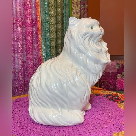 Vintage MCM Ceramic White Persian Cat With Green Eyes - Picture 3 of 13